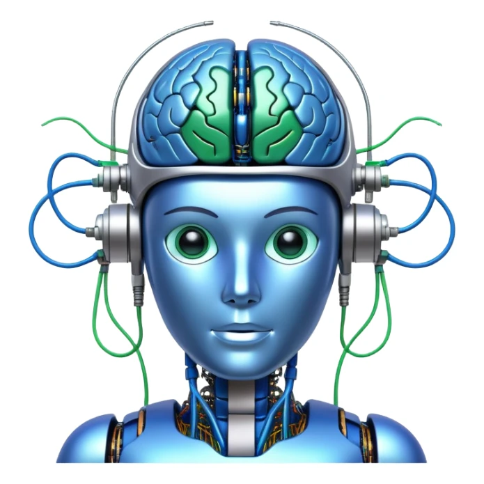 An icon featuring a humanoid robot, a neural network diagram, and a glowing brain, symbolizing artificial intelligence. The design includes binary code, a microchip, and data flow lines, representing machine learning, automation, and innovation. Transparent background sticker