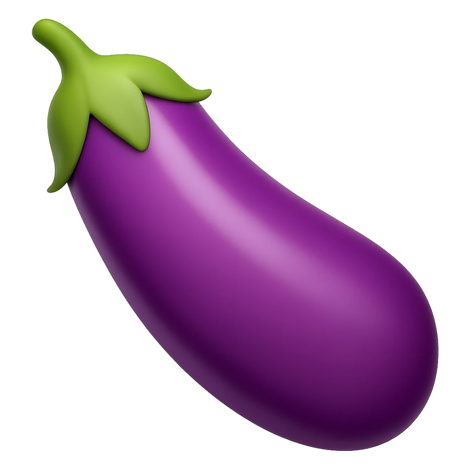 Create a purple eggplant in the style of emoji (apple style emojis). The eggplant should have a smooth, shiny surface with a purple color and a green stem, resembling the typical emoji style. sticker