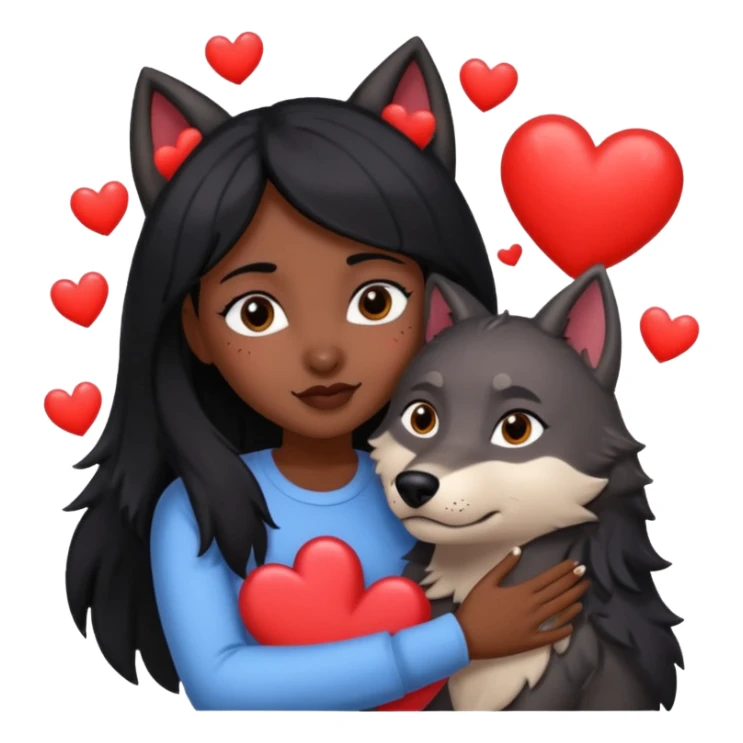 Black hair girl hugging a big wolf with hearts above them sticker