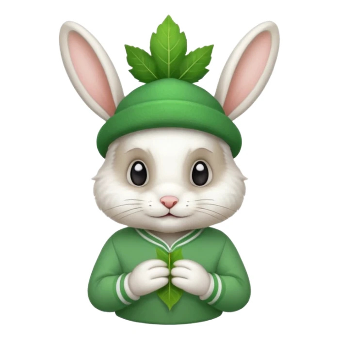 A rabbit that has a leaf hat and a green jersey sticker