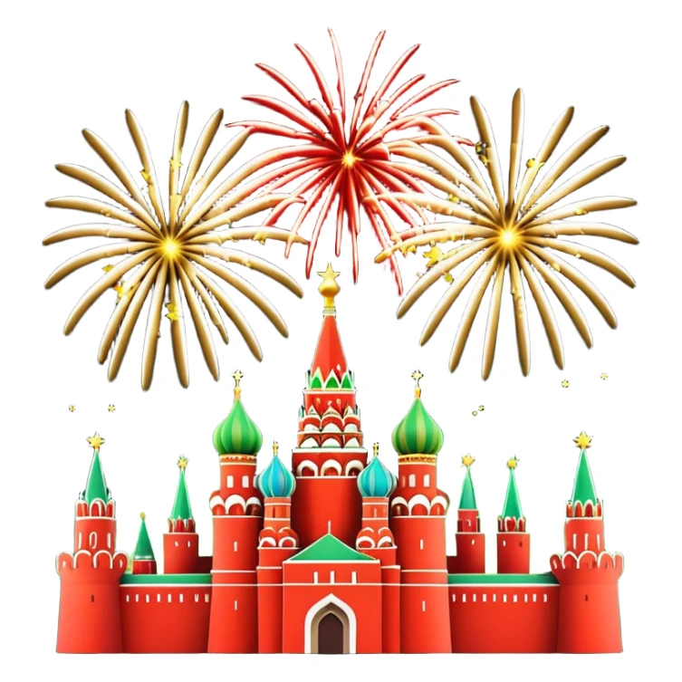 Apple style 3D emoji of New Year fireworks over Moscow. Vibrant multi-colored sparkling bursts (red, gold, green) in the sky. Below, a simplified glossy 3D silhouette of the Kremlin towers with glowing red stars. 
 sticker