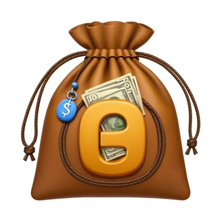 money bag with the letter ₸ in the center sticker