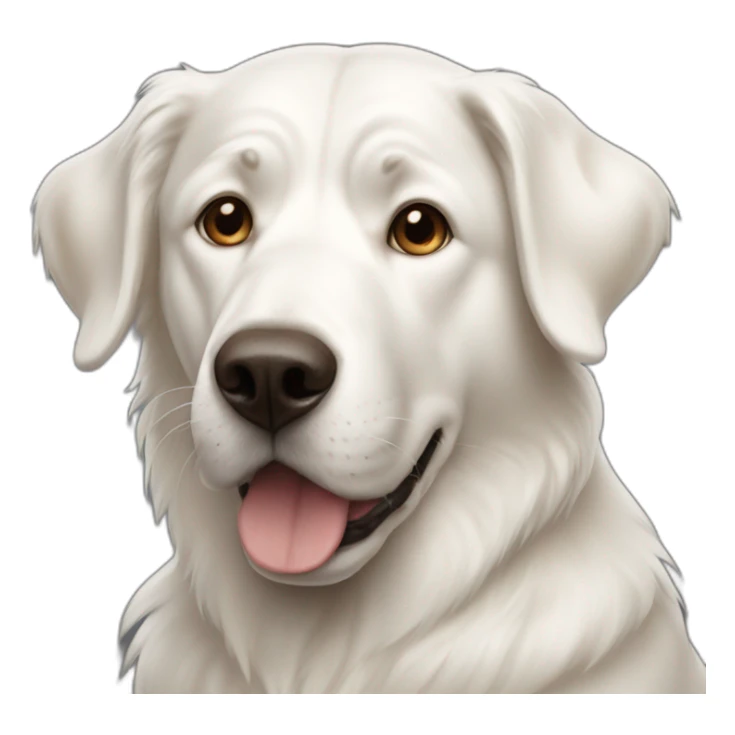 big white dog with a brown left ear sticker