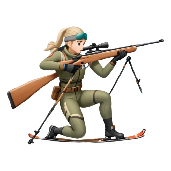 An icon showing a snowy landscape with pine trees, mountains, and a clear sky with a biathlete aiming a rifle in the foreground, wearing winter gear and skis. Transparent background emphasizes the precision, endurance, and beauty of this winter sport. sticker
