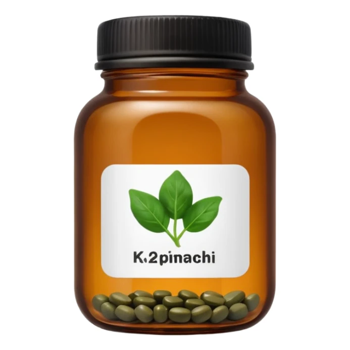 brown glass jar of supplements with white label, black thin title K2 and small spinach emoji sticker