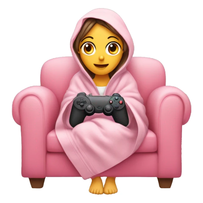 Girl wrapped up in a blanket sitting on a couch with a pink gaming controller in her hands sticker
