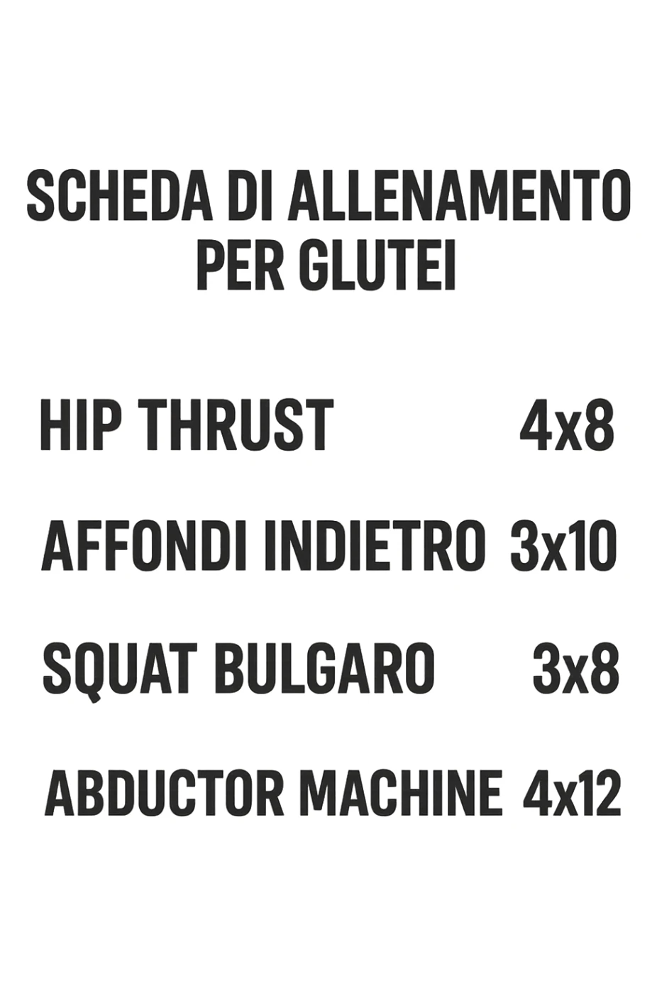 scheda di allenamento glutei in italiano con le reps scritte (tipo 4x8 ecc), iperrealistico 4k sticker