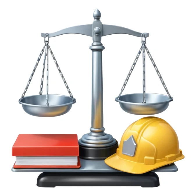 Image of a justice scale with a construction helmet on one side and a folder on the other. Simple sticker