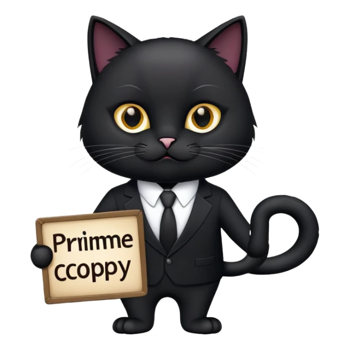 Black Cat in a black business suit holding a sign that says "PrimeCopy" sticker