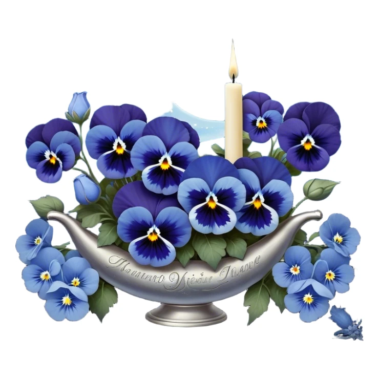 A mesmerizing celestial scene where deep blue pansies intertwine with delicate light blue flowers, their petals shimmering under the glow of a silver crescent moon. The background features a vast, dark sky illuminated by soft constellations, with zodiac symbols faintly glowing amidst swirling nebulae. A pearl-colored candle, engraved with intricate astrological glyphs, rests atop an elegant glass pedestal, reflecting the mystical starlight. Delicate silver rings and planetary orbits float subtly in the air, adding a cosmic rhythm to the composition. Tiny shooting stars leave trails of stardust, weaving between the flowers like whispers of forgotten prophecies. sticker