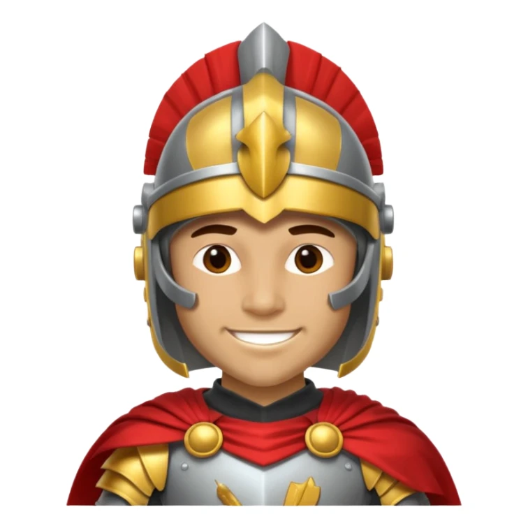 A friendly Trojan warrior mascot with a large cartoon-style head, wearing a silver helmet with a red crest and black cheek guards. confident smile. The character wears dark armor with metallic details and a bright yellow cape sticker