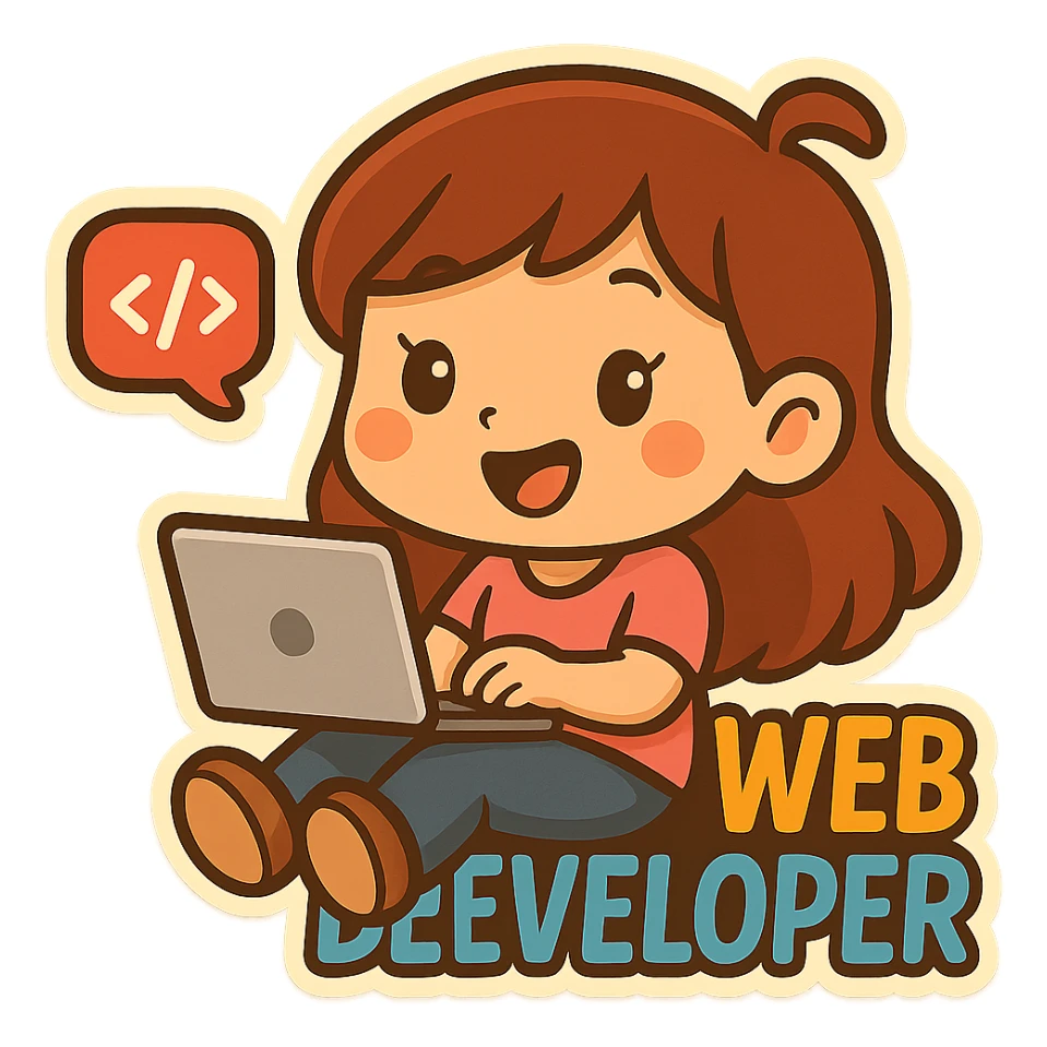 Make the web developer a female, keep the playful cartoon style, coding on laptop, bright colors, cute and fun expression, lively and cheerful atmosphere. sticker