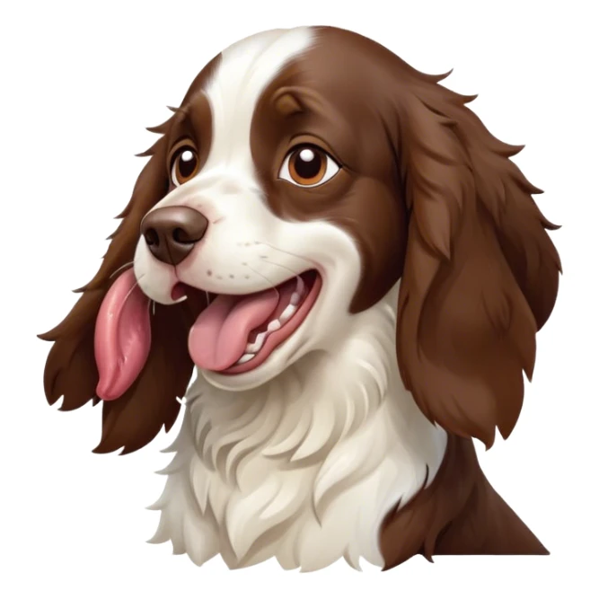 Cinematic Cute Yawning Springer Spaniel Portrait Emoji, Head tilted slightly with a dramatic, wide-open yawn, showcasing a smooth Fur of liver and white with crisp markings, floppy ears slightly drooping, round brown eyes barely open in drowsy contentment, Simplified yet irresistibly adorable features, highly detailed, glowing with a soft, cozy glow, high shine, relaxed yet expressive, stylized with a touch of whimsy, bright and endearing, soft glowing outline, capturing the essence of a sleepy yet affectionate companion, so drowsy it feels like it could stretch right out of the screen and curl up for a nap! sticker
