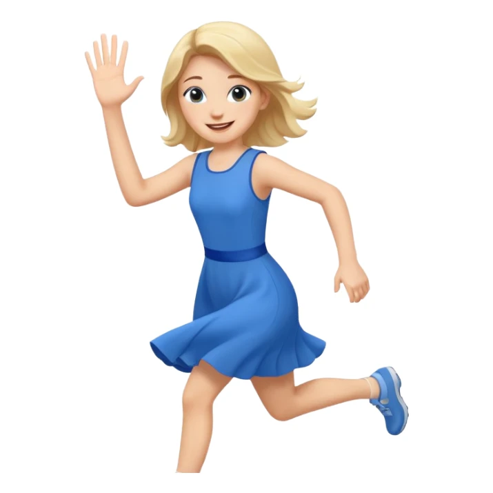 A girl in a blue dress runs and waves hello sticker