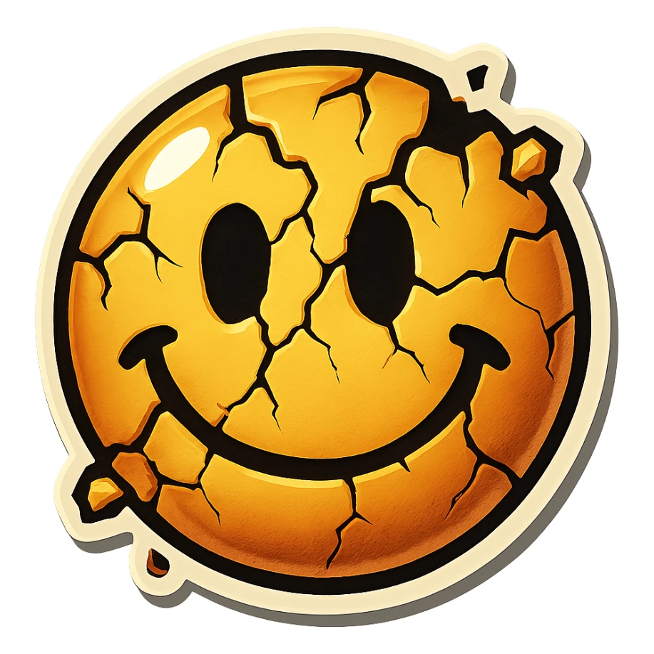 creepy cracked emoji with chips, retro stickers style, sharp black outlines, clear shadows and highlights, no gradients sticker