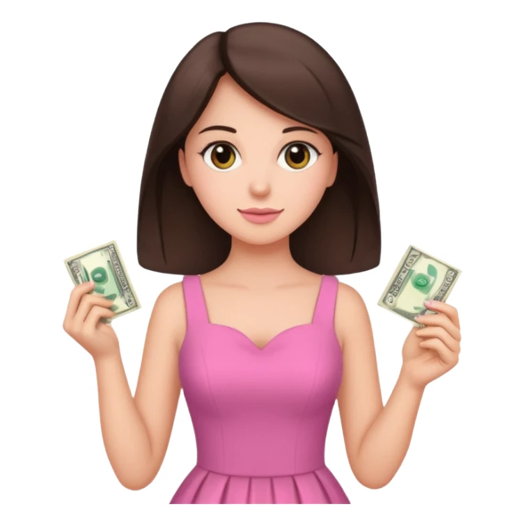 brunet Woman wearing pink dress holding dolar sticker