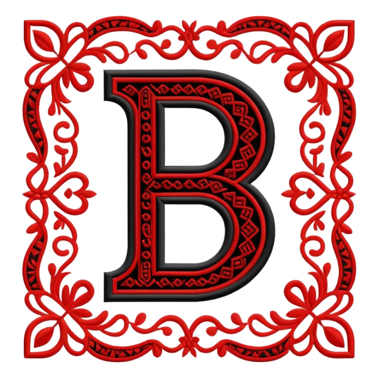 Stylized ruble sign (₽) with Udmurt traditional embroidery patterns, ethnic geometric decoration, red black and white colors sticker