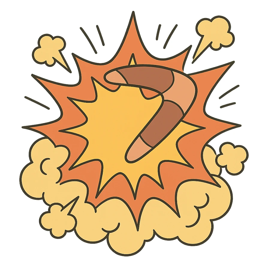 stylized explosion with a boomerang at its center, the boomerang forming part of the blast for a 'kaboomerang' effect sticker