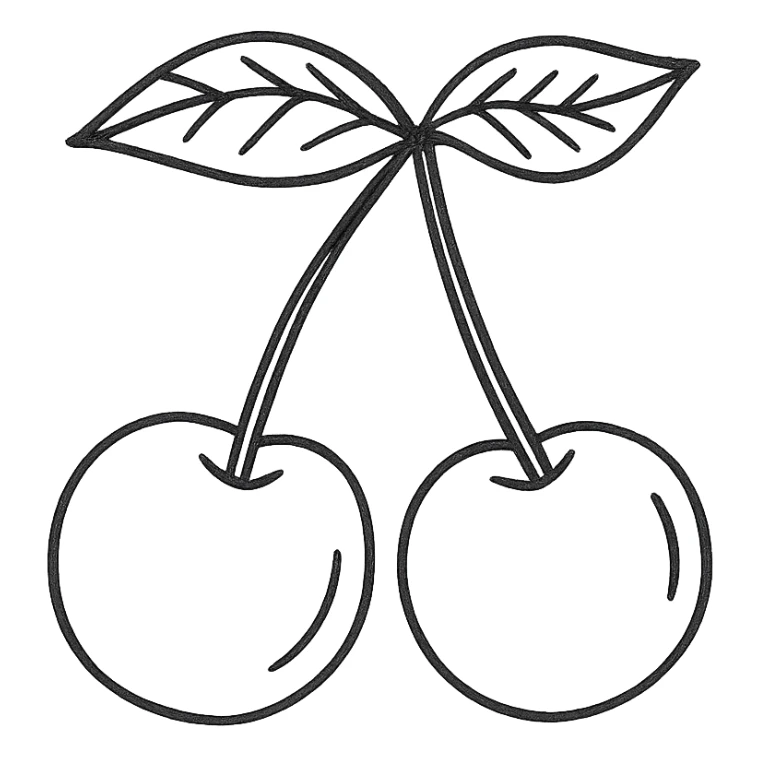 Two cherries with golden stems connected, paired with dark green leaves sticker