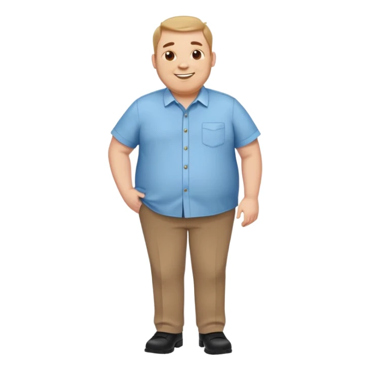 A cheerful overweight man wearing a light blue button-up shirt, brown trousers, and polished black shoes, standing with a friendly smile, simple cartoon style, emoji design sticker