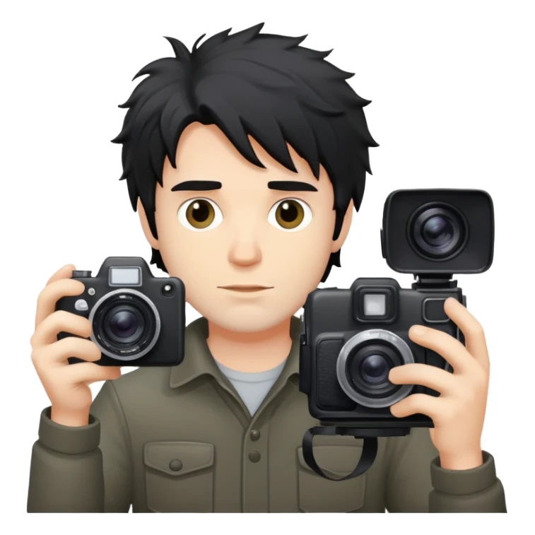 a white man with black messy hair holding a photo camera sticker