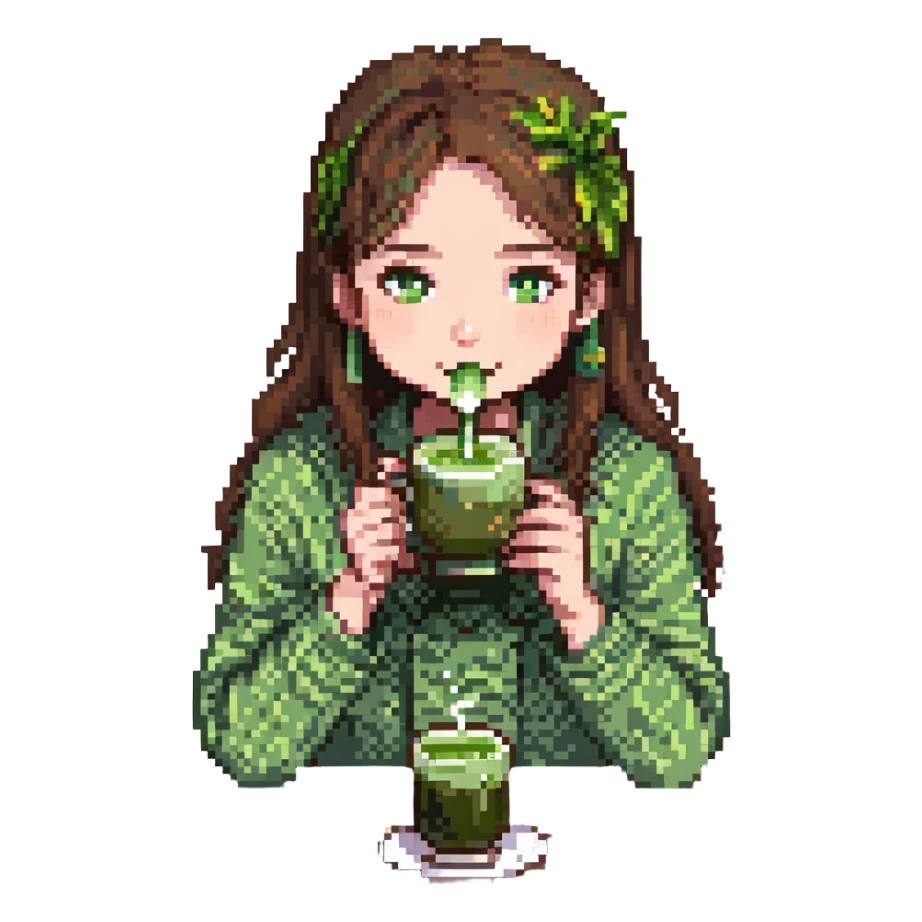 a girl with brown hair drinking matcha sticker