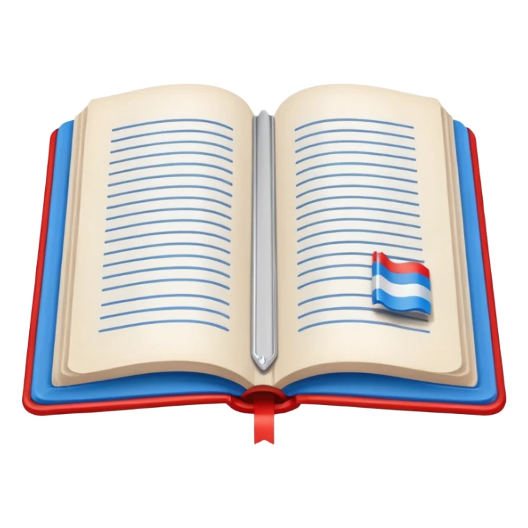 Open book showing Cyrillic text with a small bookmark a white band, thinner blue band and a red band sticker