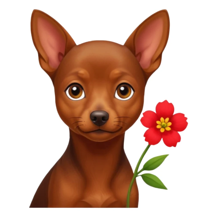a little brown pinsher, who give a red flower sticker