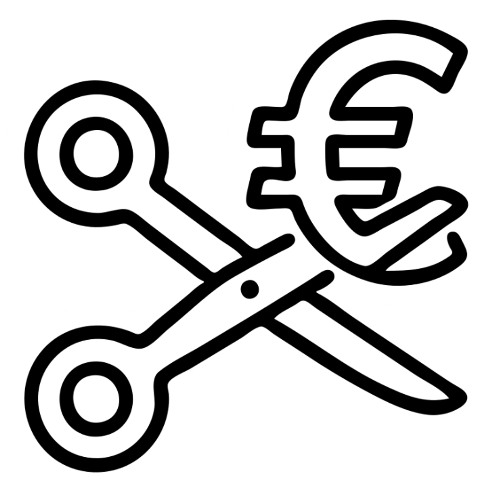 icon style illustration representing cost cutting, scissors cutting a euro symbol, clean and simple design sticker
