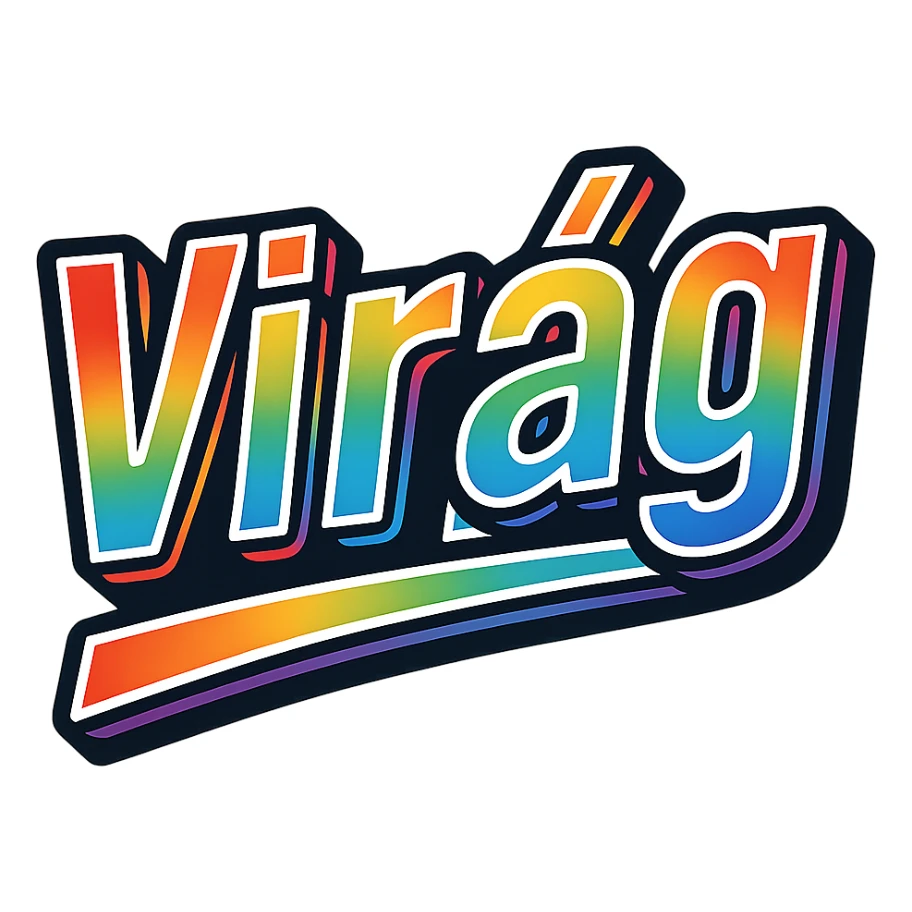 The name 'Virág' in modern, precise Hungarian letters with a rainbow gradient color fill, extra thick white letter outline, dark contour, transparent background, dynamic slanted underline, in the style of the sample images. sticker