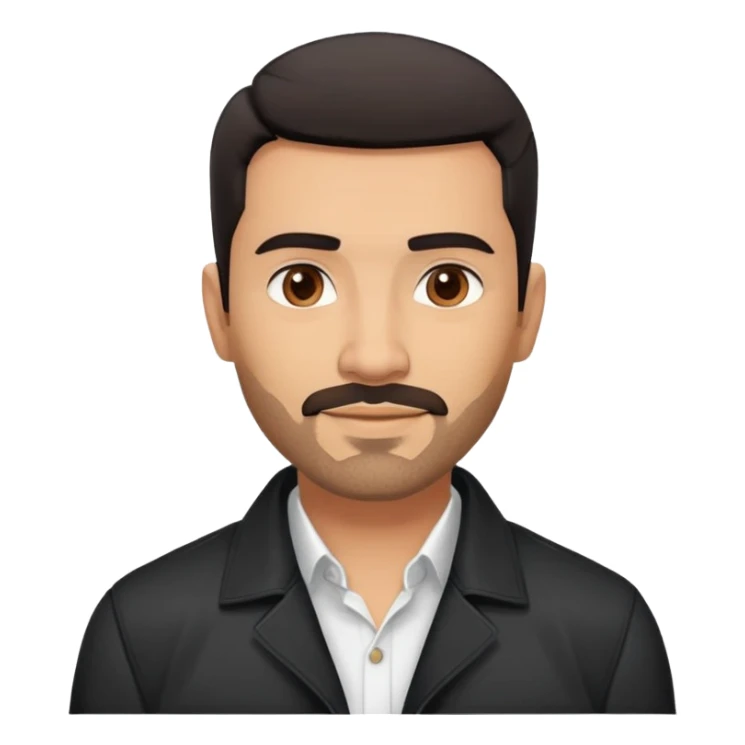 Attractive Hispanic TV host in his mid to late 40s with light brown skin, short straight black hair with pronounced fade haircut, stubble/scruff facial hair instead of full beard, square handsome face with strong jawline, friendly expression, wearing open black jacket with white buttoned shirt sticker