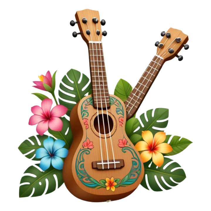 Ukulele with Polynesian carvings with flowers behind it sticker