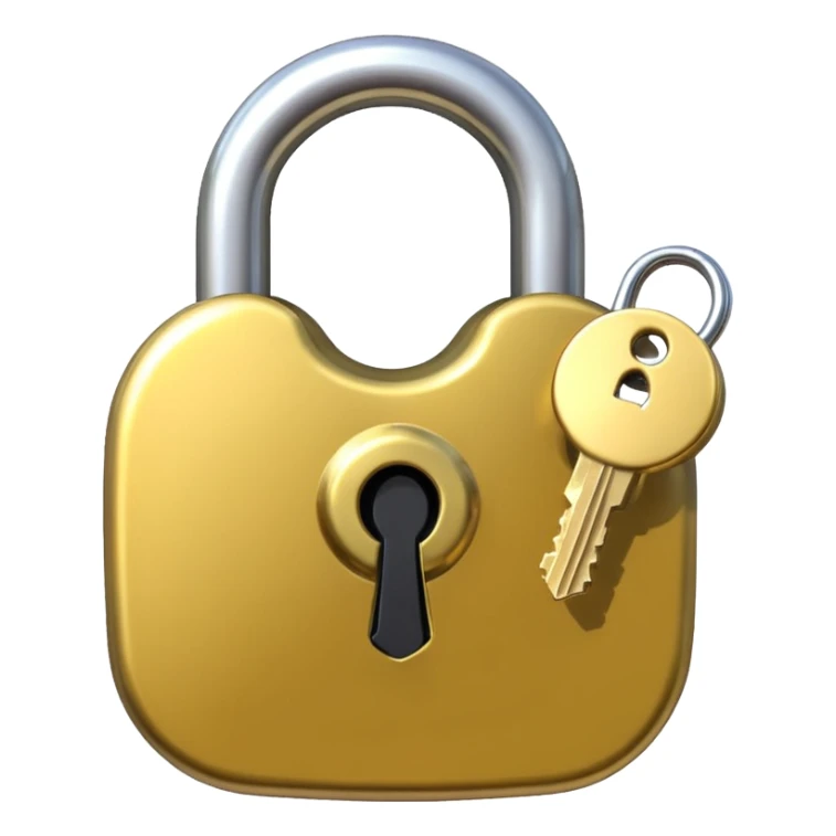 A shiny golden closed padlock with a silver key inserted into the keyhole, centered on a plain background. The lock is smooth and rounded, emoji-like style with clean lines sticker