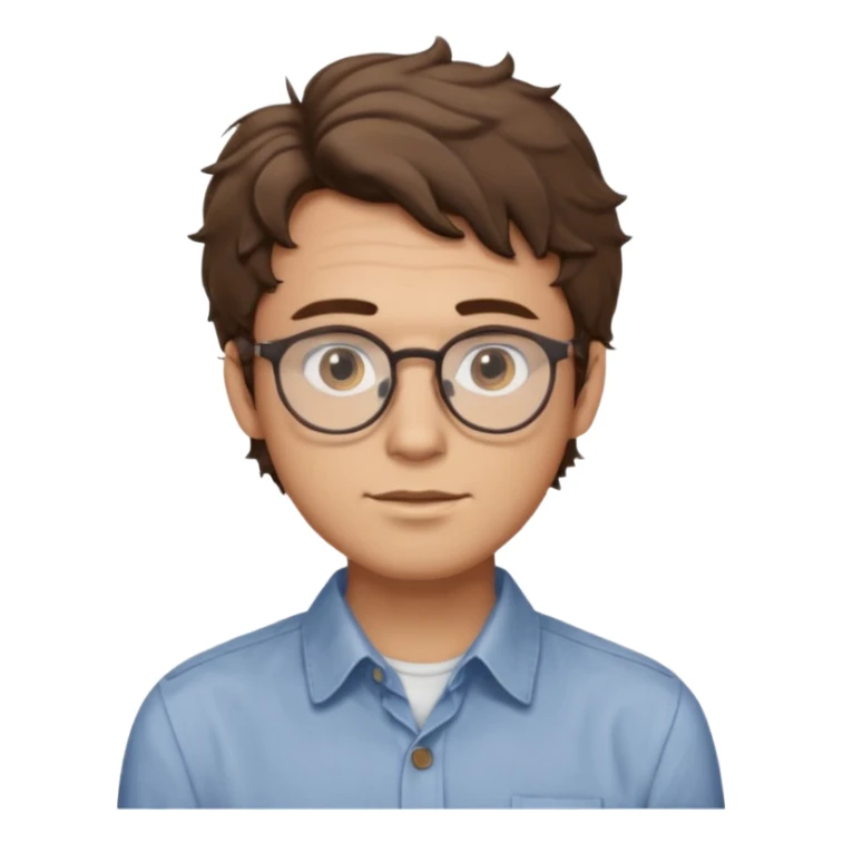 male Slim, slightly oval face, light skin.
Medium-length brown wavy hair, slightly messy.
Brown eyes, round eyeglasses.
Soft, calm expression.
No beard or very light stubble. sticker