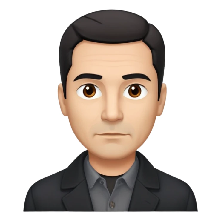 Broad-shouldered Hispanic man in his 50s, light brown complexion, square face with defined jawline, short straight black hair combed back with faded sides, thick eyebrows, black coat with gray buttoned-up shirt sticker