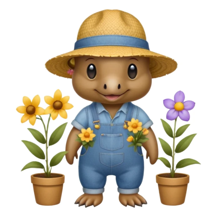 cute platypus in a straw gardening hat and blue denim overalls holding flowers sticker
