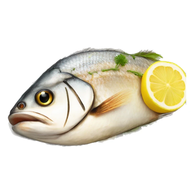 Realistic plated grilled fish on plate with lemon sticker