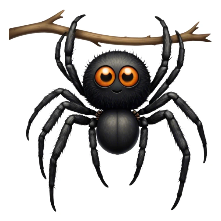Large black fluffy spider with a big round abdomen and short hairy legs sitting on a branch, staring at us. Detailed texture of the spider’s fur and body. Transparent background. sticker