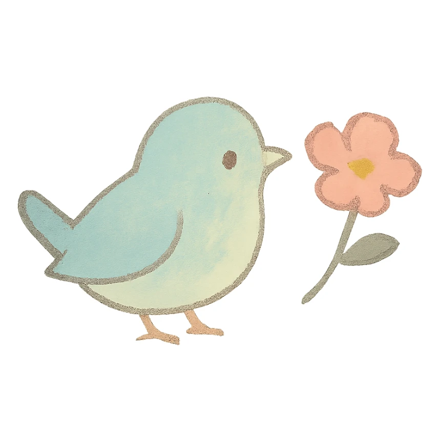 tiny pastel bird silhouette, Japanese hand-drawn style, full object, transparent background, with a tiny flower sticker