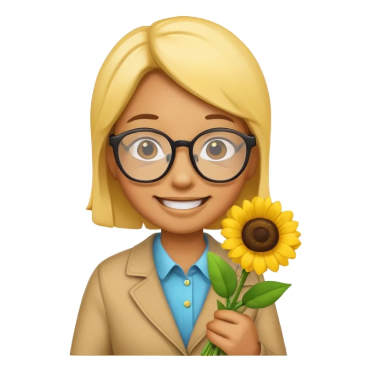Create a yellow emoji holding flowers and wearing glasses with a joy expression sticker