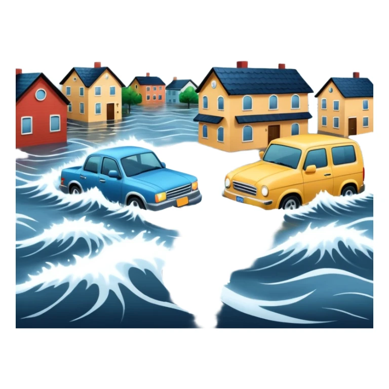 showing a flood disaster scene with strong water waves overflowing streets, partially submerged houses and cars, dark cloudy sky sticker