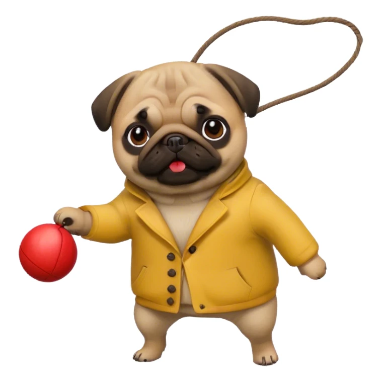A pug in a yellow coat holds a red ball on a string sticker