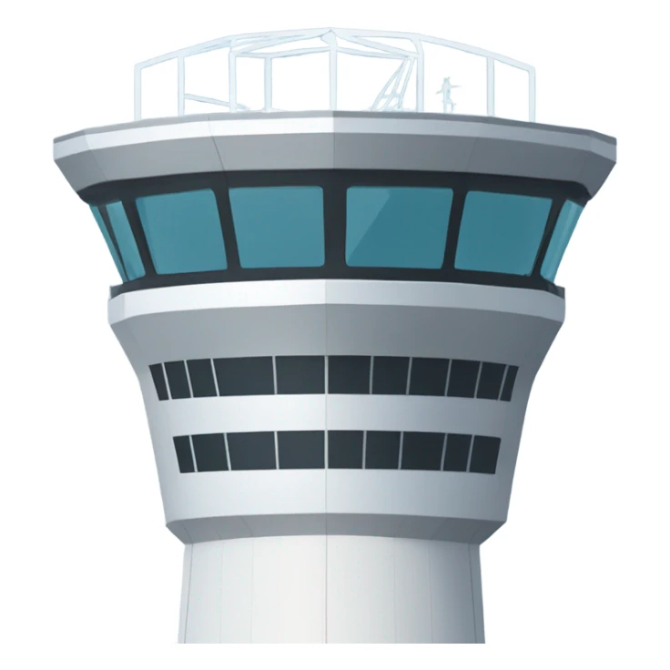 An air traffic control tower stands tall, its sleek, high-tech design featuring glass panels that reflect. sticker