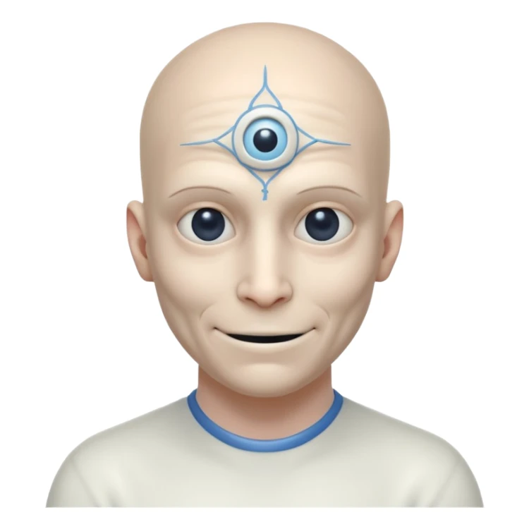mutant test subject portrait, head and shoulders only, third eye on forehead, pale skin, creepy calm smile, lab experiment style, 3D cartoon, mobile game icon style, clean background, no text, no watermark

 sticker