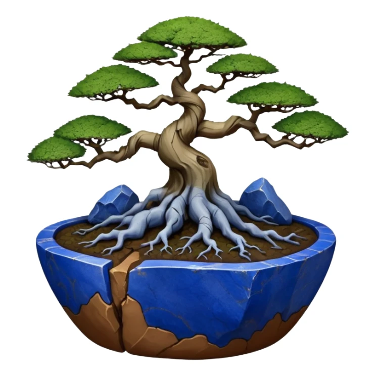 Aged bonsai two toned lapis blue terracotta Roots Stoneware akadama moss on soil irregular angular Stone Age rocks cracked crags and broken rough edges forming a very short shallow flat Yixing forest pot sticker