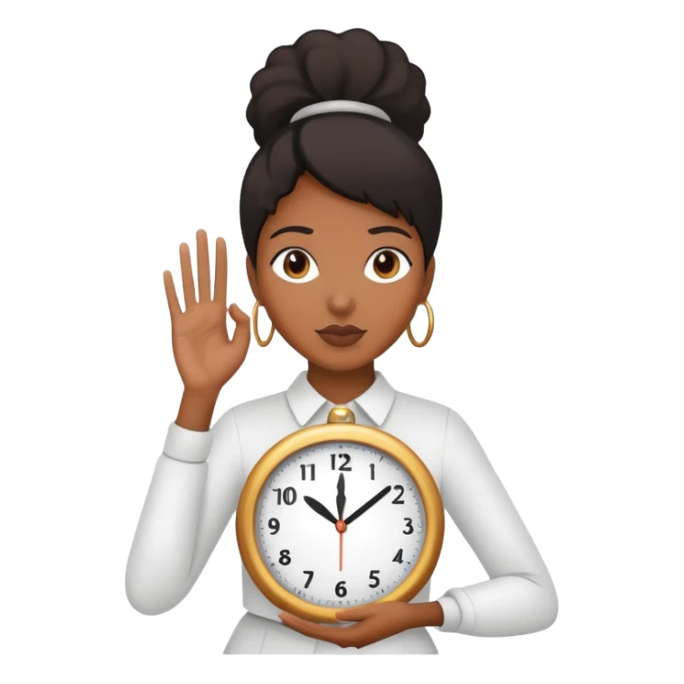 black woman holding a clock in one hand and holding her other hand like 🤏🏾 sticker