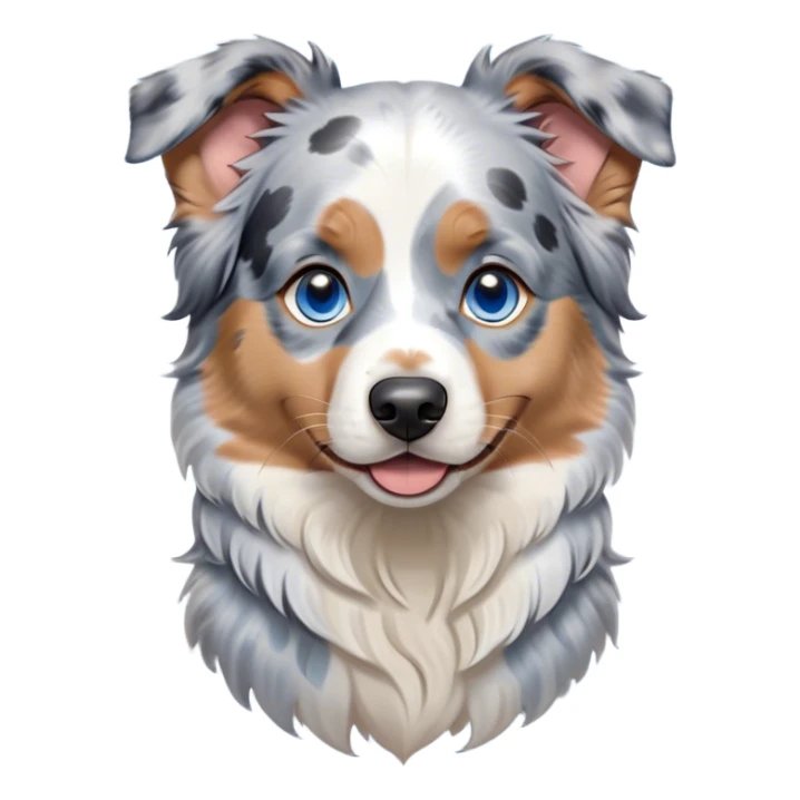 Cinematic Cute Tan Point Blue Merle Australian Shepherd Portrait Emoji, Head tilted playfully and inquisitively, soft blue merle fur accented by vibrant tan points and subtle white markings, round, sparkling blue eyes filled with curiosity, Simplified yet irresistibly adorable features, highly detailed, glowing with a warm, friendly glow, high shine, affectionate and lively, stylized with a touch of whimsy, bright and endearing, soft glowing outline, capturing the essence of a mischievous yet loving pup, so playful it feels like it could bound out of the screen and into your arms! sticker