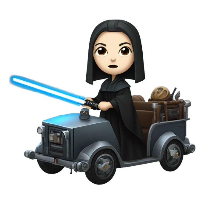 Wednesday Addams Jedi bounty hunter driving a modern blue and pewter steampunk electric wagon sticker