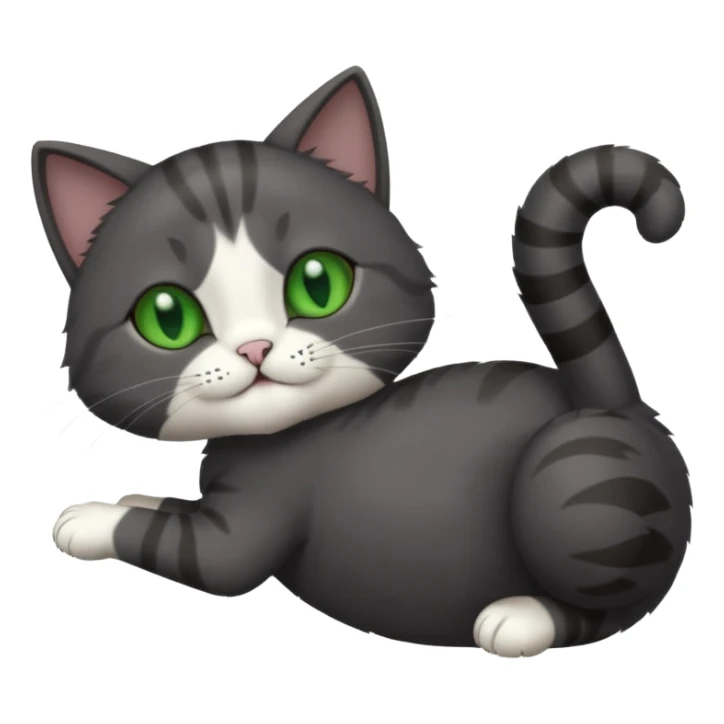 solid dark grey cat with green eyes, white toes/paws playfully rolling upside down sticker