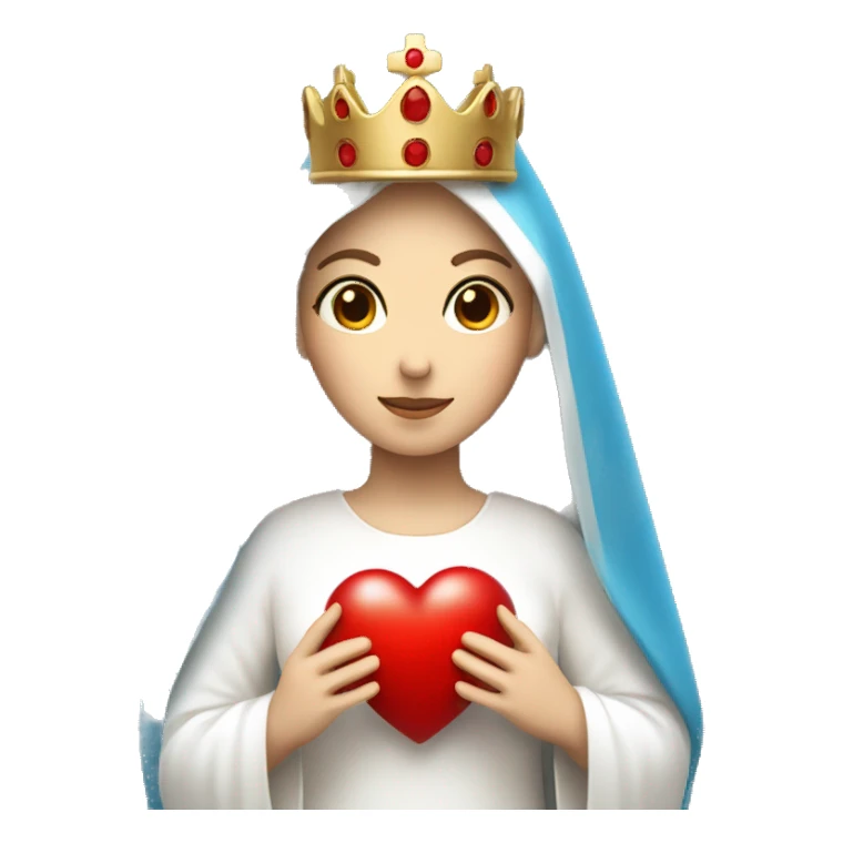 holy mary with a crown, blue veil, white clothes, white skin, holding a red heart in her hands sticker